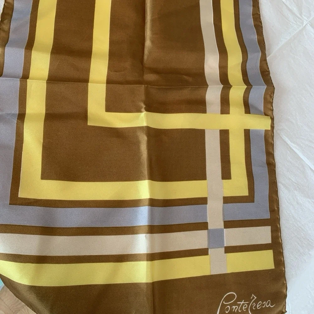 MCM Ponte Tresa 100% Silk Made In Italy Rectangle Scarf Brown, Yellow, Gray, Tan
